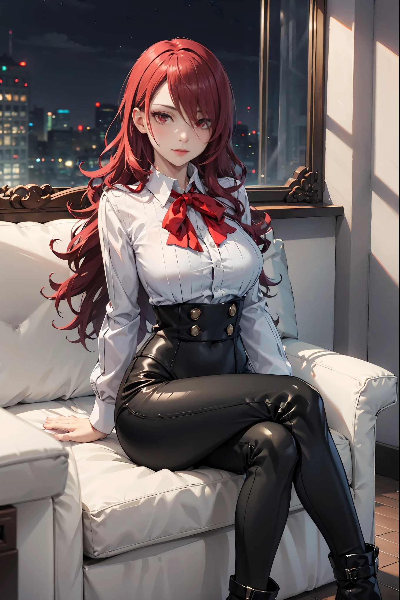 The best quality , ( masterpiece :1.3), movie lighting , ultra-detail, (highres:1.1), mitsuru kirijou, sitting on a sofa, front view, Looking at the viewer, long dark red hair, ( hair covering a right eye ), detailed eyes , red eyes, Big breasts, choker:1.6, red bow on the chest , ((White buttoned shirt)), (Black shiny leggings), (black boots), elegant room, mansion, night