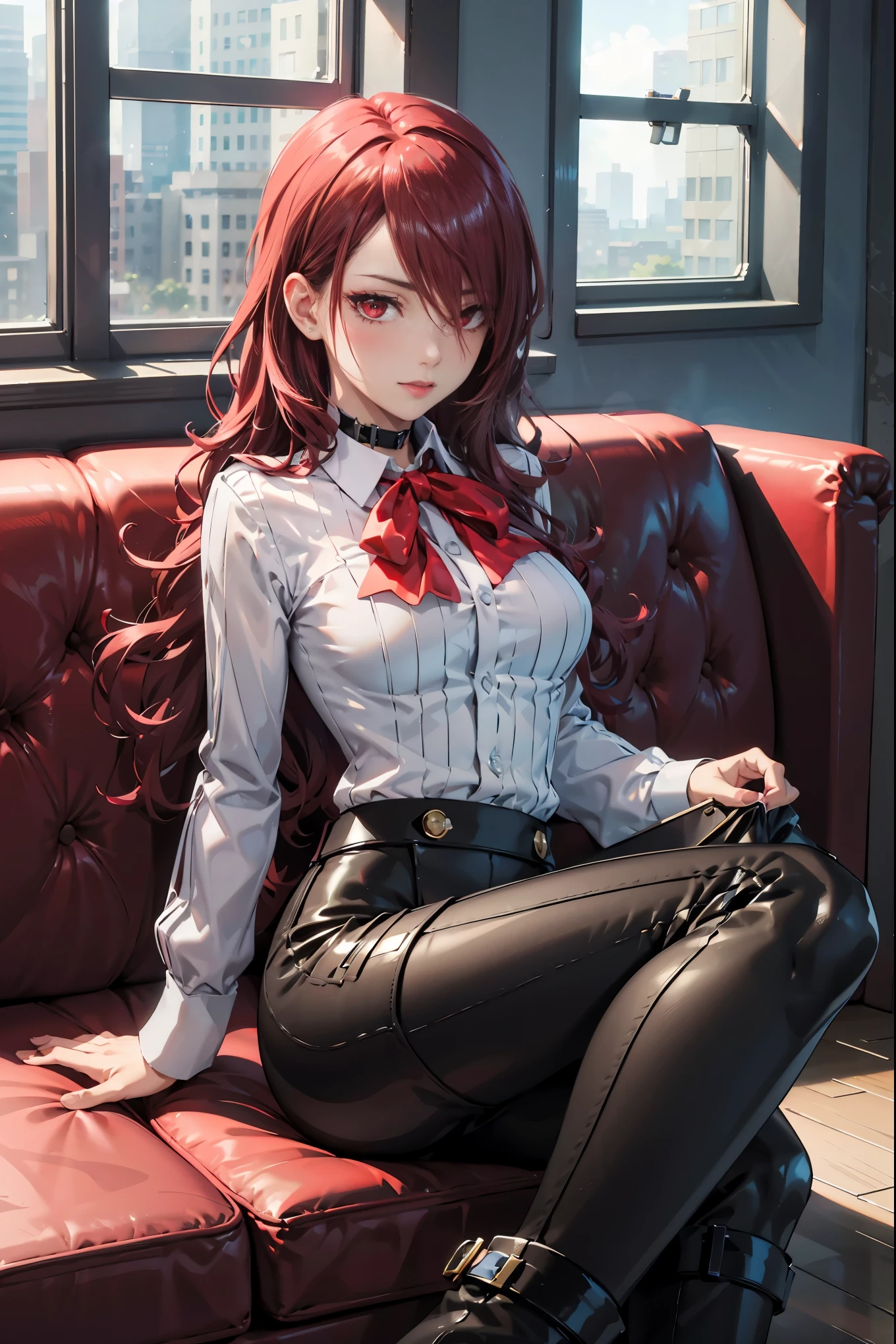 The best quality , ( masterpiece :1.3), movie lighting , ultra-detail, (highres:1.1), mitsuru kirijou, sitting on a sofa, front view, Looking at the viewer, long dark red hair, ( hair covering a right eye ), detailed eyes , red eyes, Big breasts, choker:1.6, red bow on the chest , ((White buttoned shirt)), (Black shiny leggings), (black boots), elegant room, mansion, night