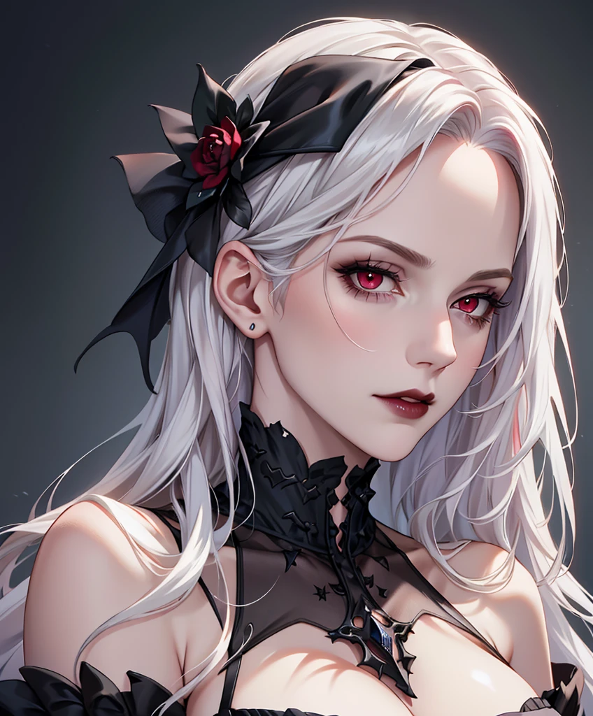 Realistic Portrait, Elegant mature woman (1 female), with red eyes, white hair, long hair, focus on face, close up shot, cleavage, gothic black dress, only upper body, up to waist, soft light, high detail, 4k resolution, high quality, beautiful CG