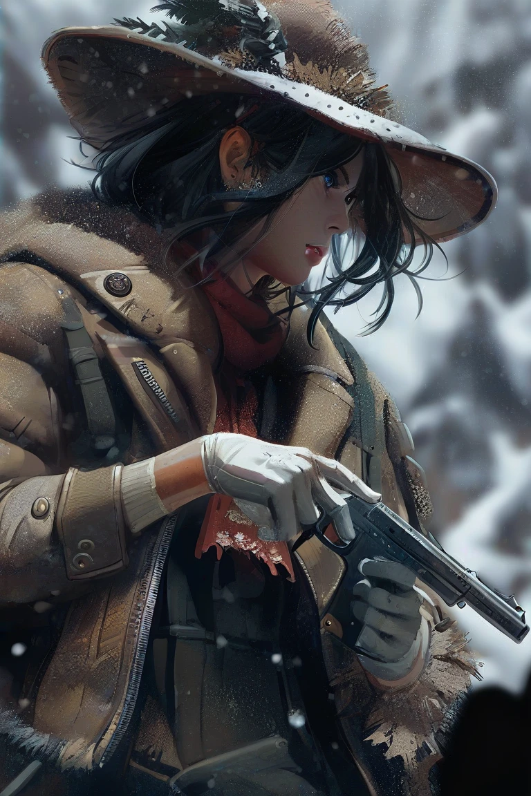 score_9, score_8_up, score_7_up, score_6_up, source cartoon, a woman wearing a big hat and holding a gun in the snow, 1girl, hat, gun, solo, weapon, holding gun, holding weapon, blue eyes, nature, white gloves, forest, handgun, holding, gloves, black hair, blurry background, snow, parted lips, detailed face