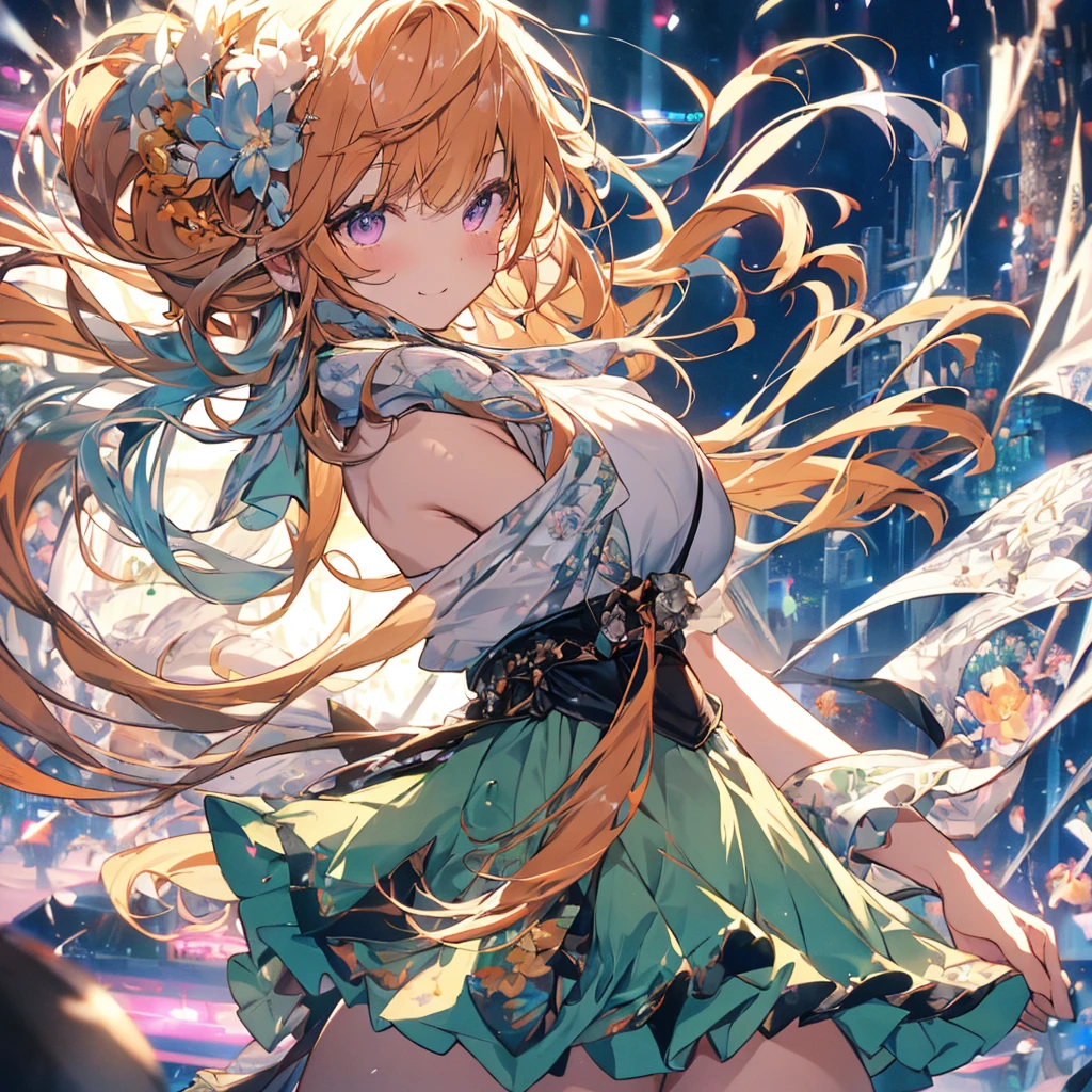 Live, Love Live!, Very light background , {{{Correct finger placement}}},  hopeful illustration , happiness, {{{９multicolored girls }}}, Singing and dancing, festival,  beautiful detailed girls, Elf Ears, Game CG, Yellow Flower, profile, One curl on the outside,  short bob hair holding noodles, Pastel orange hair,  purple eyes,Accessory solo, Bust Up, Medium Shoot , woman, smile, Big Breasts,, pastel green ruffle mini skirt, black knee-high, {{{{{ wearing a pastel green Japanese-style dress }}}}}, opens her mouth, Daytime, wonderful,  Beautiful Detailed Eyes ,  best quality , Very delicate,Masseter muscle area, best quality ,(Official Art、 best quality 、 unity 8k Wallpaper 、32K、masterpiece、Super detailed、 super A high resolution 、 photorealistic:1.2)、(Cinema Lighting:1.2)、The most grainy shadows on the film、Rely on side lighting、 side shot、(Super detailedで複雑な3Dレンダリング)、