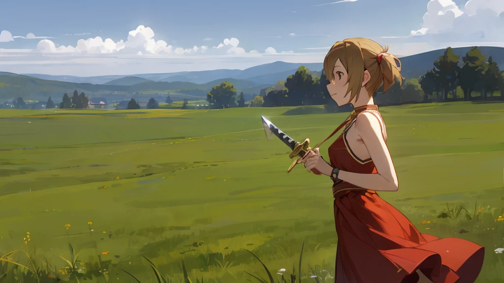 NSFW,silica,, sword art online ,(photograph:1.3),  m Grassland ,  red dress , (High praise,  charming,  charming,  exciting , nice, Impressive:1.3), beautiful, ( very detailed ,  high quality:1.3)， Hold a dagger in your right hand ，grassland，Grass is blowing in the wind，The dagger&#39;s path becomes a band of light..，Shining sunshine background， lavishly embroidered dress,White decorated underwear，ish，A richly decorated dagger，，The skirt flutters，Sparkling Background,Being pushed down by a man，Tied up，Painful expression， Grassland， placed on the back，A man is on top of her， watch viewers,A man holds her down