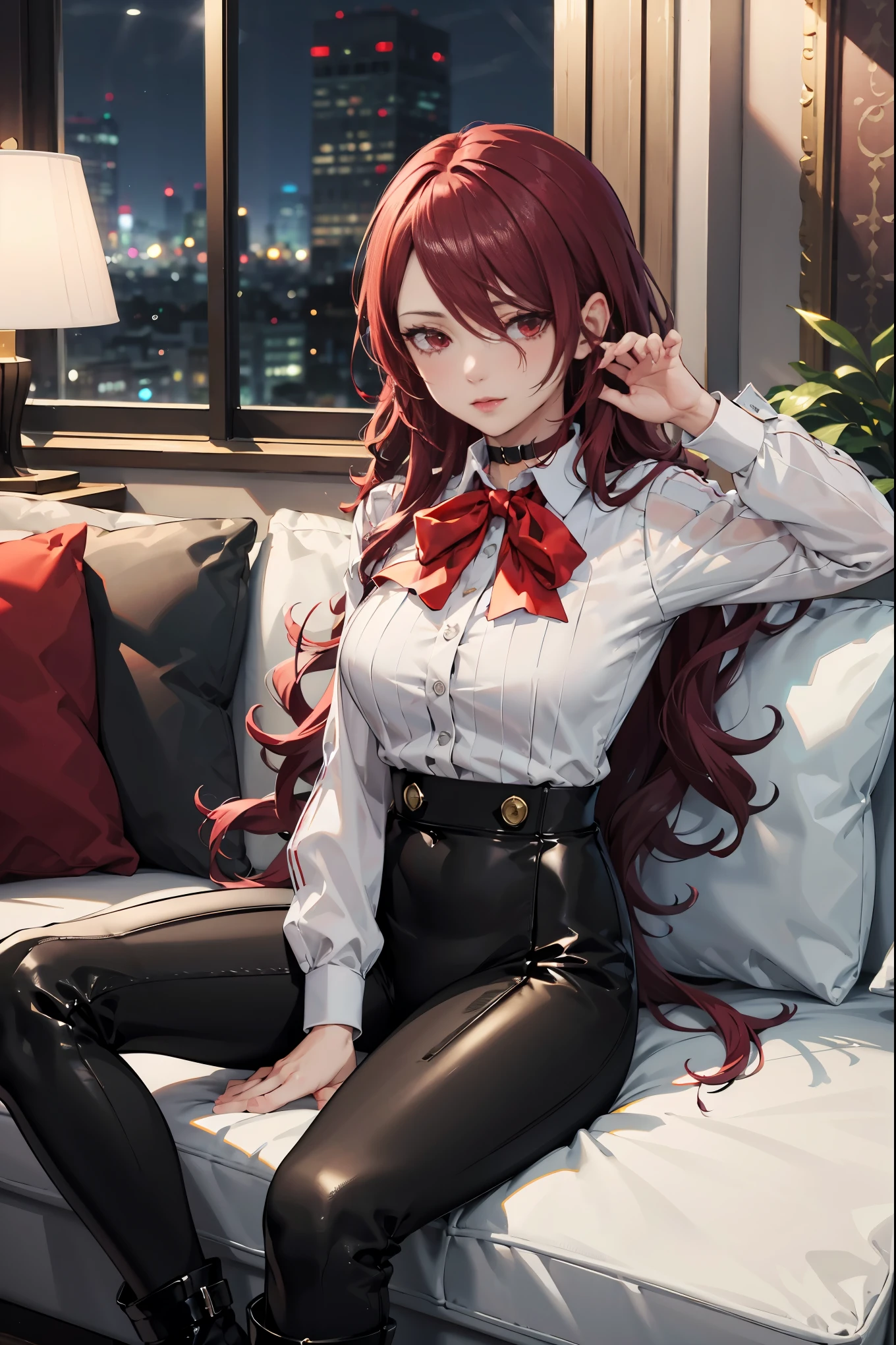 The best quality , ( masterpiece :1.3), movie lighting , ultra-detail, (highres:1.1), mitsuru kirijou, sitting on a sofa, look up, Looking at the viewer, long dark red hair, ( hair covering a right eye ), detailed eyes , red eyes, Big breasts, choker:1.6, red bow on the chest , ((White buttoned shirt)), (Black shiny leggings), (black boots), elegant room, mansion, night