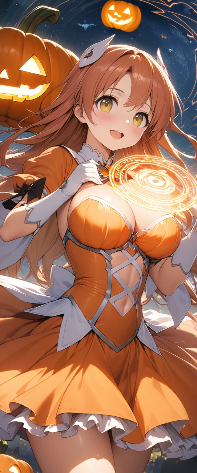 A highly detailed, beautiful magical girl with an extremely large chest, a Halloween pumpkin mascot character, a familiar, a glowing magic circle, magic light enveloping her entire body, a beautiful starry sky with a view of the Earth, cinematic lighting and a joyful atmosphere, 16K wallpaper quality