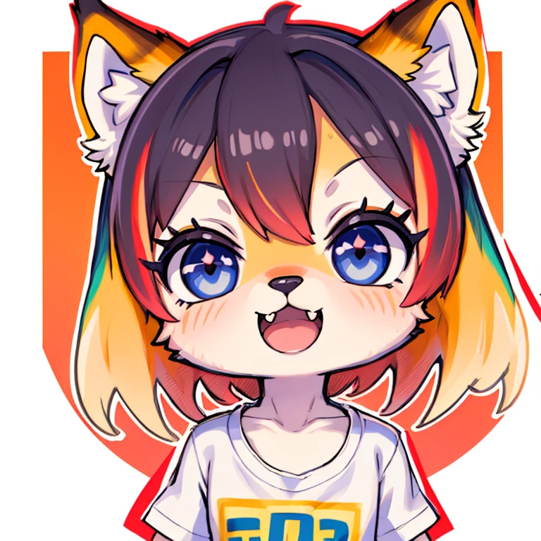 ( masterpiece,  High quality,  better quality, 8k,  High resolution ), ((chibi style, Chibi cute)), (Alone,  a boy  ), {boy wolf, Wolf face, 2 fangs , long eyelashes, eyeliner} { wolf mustaches }, ((( wolf skin all over the body,  wolf stripes on the body , visible ears  ))), (Long rainbow hair), hair clip, [[hair clip Sakura]], ((very happy)), ((open mouth)), [Rainbow pupil ], (( looking up )), ( Very small breasts ), thin arms, ( arm down), armpits, ((Mini T-shirt,  full white t-shirt )), {shorts brancos}, {{{ mini tiger tail ,  tail on the back }}}, (((Goal from above the body))), (((standing,  choppy heel angle ))),  dynamic pose, white background,  simple background , (((( Tora-chan style on Hanayome )))), (( dazzling vivid color)), ANIME STYLE, Color of Mango .  masterpiece,  perfect anatomy. 