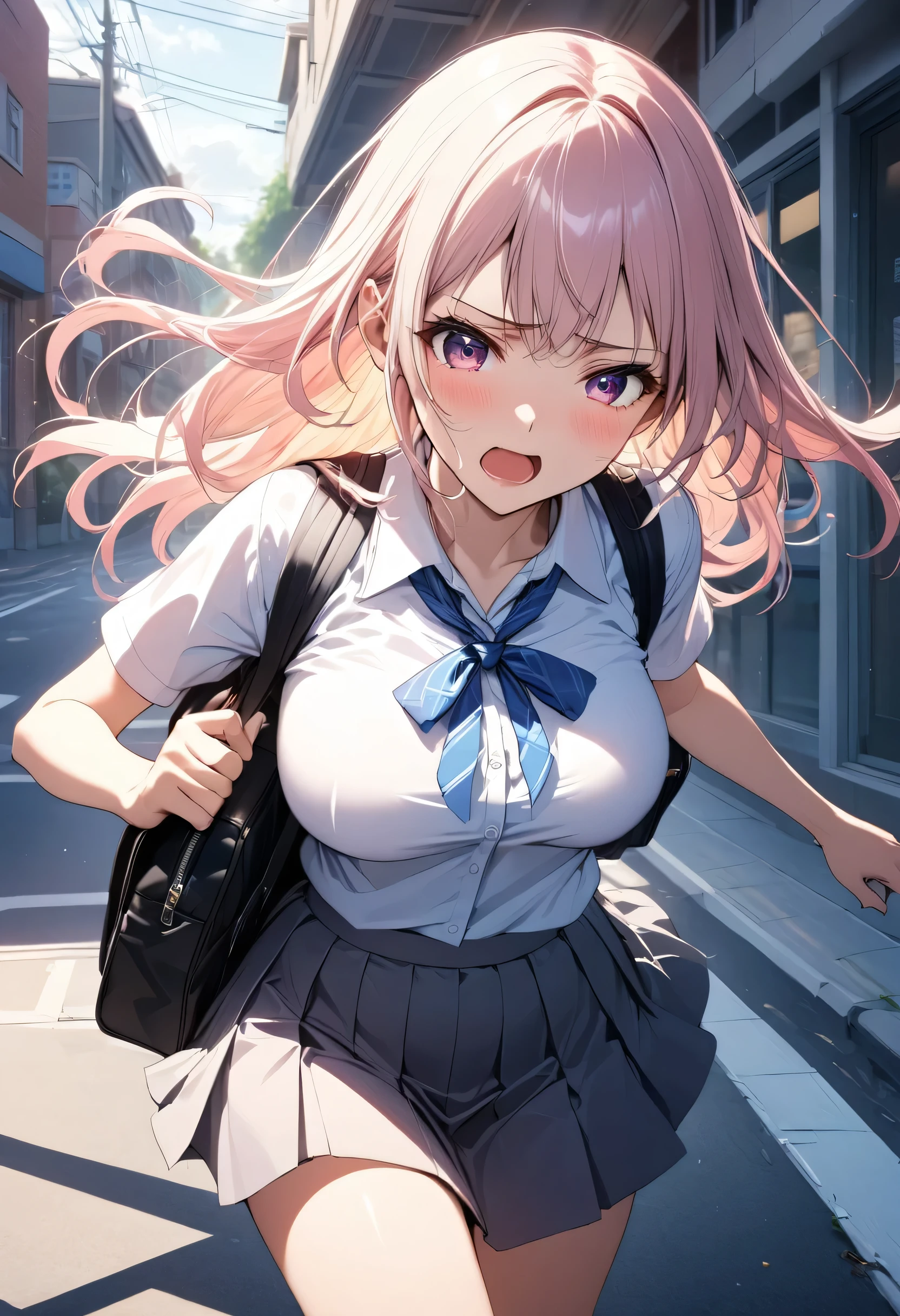 "A highly detailed, masterpiece-level anime-style illustration of a high school girl in top-quality detail, She has an impatient, panicked expression as she rushes down her school route, holding her school bag tightly. Her school uniform flutters as she runs, capturing the sense of urgency and energy in the scene. The background shows a typical school route, with familiar streets and a warm morning light, adding to the feeling of a frantic morning rush.One girl, masterpiece, top quality, super detail,big breast, holding school bag, high school girl's clothes, school route. --ar 3:4 --stylize 300 --v 6.1