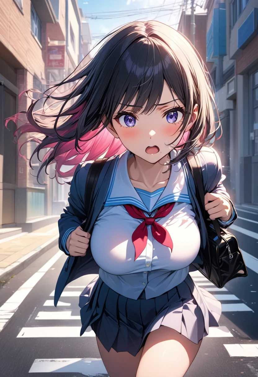 "A highly detailed, masterpiece-level anime-style illustration of a high school girl in top-quality detail, She has an impatient, panicked expression as she rushes down her school route, holding her school bag tightly. Her school uniform flutters as she runs, capturing the sense of urgency and energy in the scene. The background shows a typical school route, with familiar streets and a warm morning light, adding to the feeling of a frantic morning rush.One girl, masterpiece, top quality, super detail,big breast, holding school bag, high school girl's clothes, school route. --ar 3:4 --stylize 300 --v 6.1