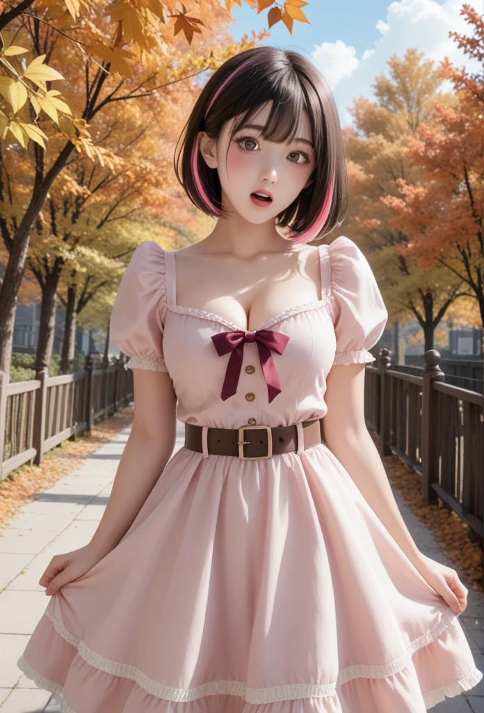 score_9, score_8_up, score_7_up, score_6_up, 1 beautiful girl, 25 years old, perfect face, looking at viewer, cute,dark eyes, bob cut, inverted bob, streaked hair, floating hair,big breast,cleavage,pink dress, belt, petticoat, autumn, autumn leaves, (dress was blown up by the wind:1.2),blush, groin, no panties, surprised, panic, embarrassed, open mouth, (pussy peek:1.3), covering privates,wind, wind lift, cover mouth,