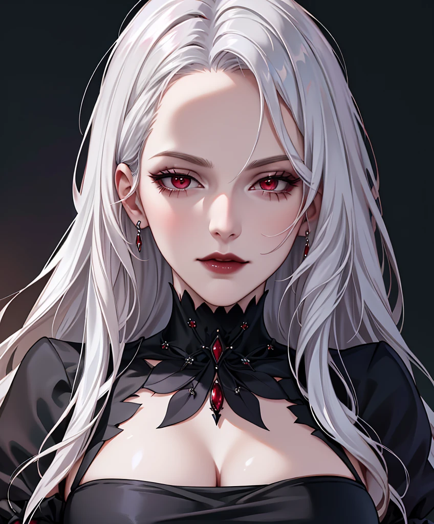 Realistic Portrait, Elegant mature woman (1 female), with red eyes, white hair, long hair, focus on face, close up shot, cleavage, gothic black dress, only upper body, up to waist, soft light, high detail, 4k resolution, high quality, beautiful CG