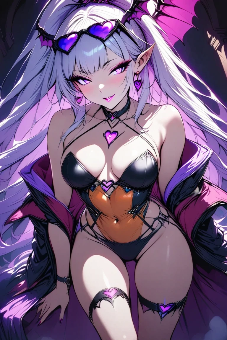  young beautiful woman,(Best Quality,Very detailed depiction, incredible high resolution , Sharp Teeth Like a Beast ,High quality anime drawings),(Halloween little devil),(Succubus Costume, orange costume showing chest, has sunglasses on her head, earrings, choker,Black tights,),(Silver Hair, ponytail,Glowing purple eyes,Eyes of Madness,Glossy lips,A seductive smile:1.2, beautiful skin in NFSW,Beautiful legs,Seductive gestures,Standing posture:1.3),(Full body image:1.3), Jack O Lantern