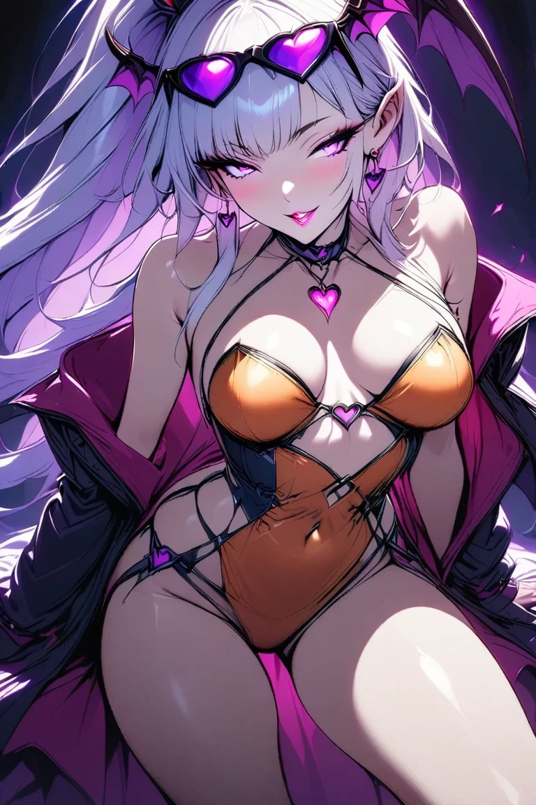  young beautiful woman,(Best Quality,Very detailed depiction, incredible high resolution , Sharp Teeth Like a Beast ,High quality anime drawings),(Halloween little devil),(Succubus Costume, orange costume showing chest, has sunglasses on her head, earrings, choker,Black tights,),(Silver Hair, ponytail,Glowing purple eyes,Eyes of Madness,Glossy lips,A seductive smile:1.2, beautiful skin in NFSW,Beautiful legs,Seductive gestures,Standing posture:1.3),(Full body image:1.3), Jack O Lantern