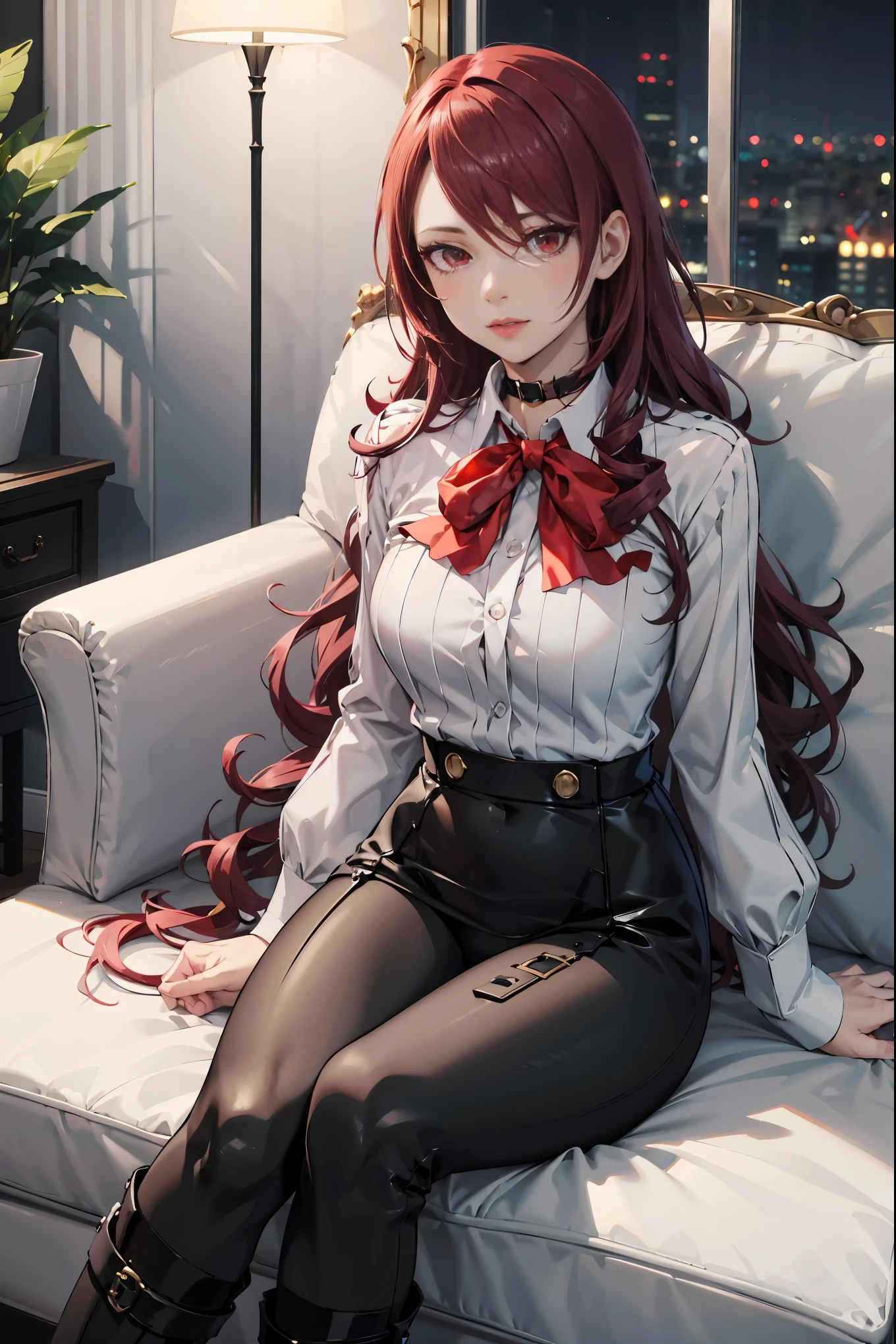 The best quality , ( masterpiece :1.3), movie lighting , ultra-detail, (highres:1.1), mitsuru kirijou, sitting on a sofa, look up, Looking at the viewer, long dark red hair, ( hair covering a right eye ), detailed eyes , red eyes, Big breasts, choker:1.6, red bow on the chest , ((White buttoned shirt)), (Black shiny leggings), (black boots), elegant room, mansion, night