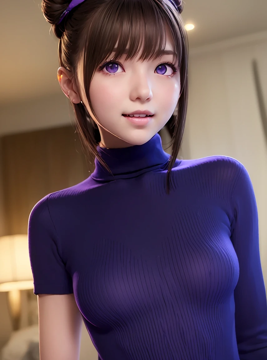  Kampala ,In 8K, best quality , Details,Semi-realistic anime, 3D anime-style sex , Smooth Anime CG ,One Girl,19-year-old Japanese woman,slim,modeling,((Hairstyle with two buns on the head)), Pink gloss lip, Detailsな顔,Beautiful and  Details,  Glowing Skin ,(( deep blue-purple glowing eyes)),(Small breasts),(((Shut your mouth.))),(smile),(( black turtleneck)),((gem)),