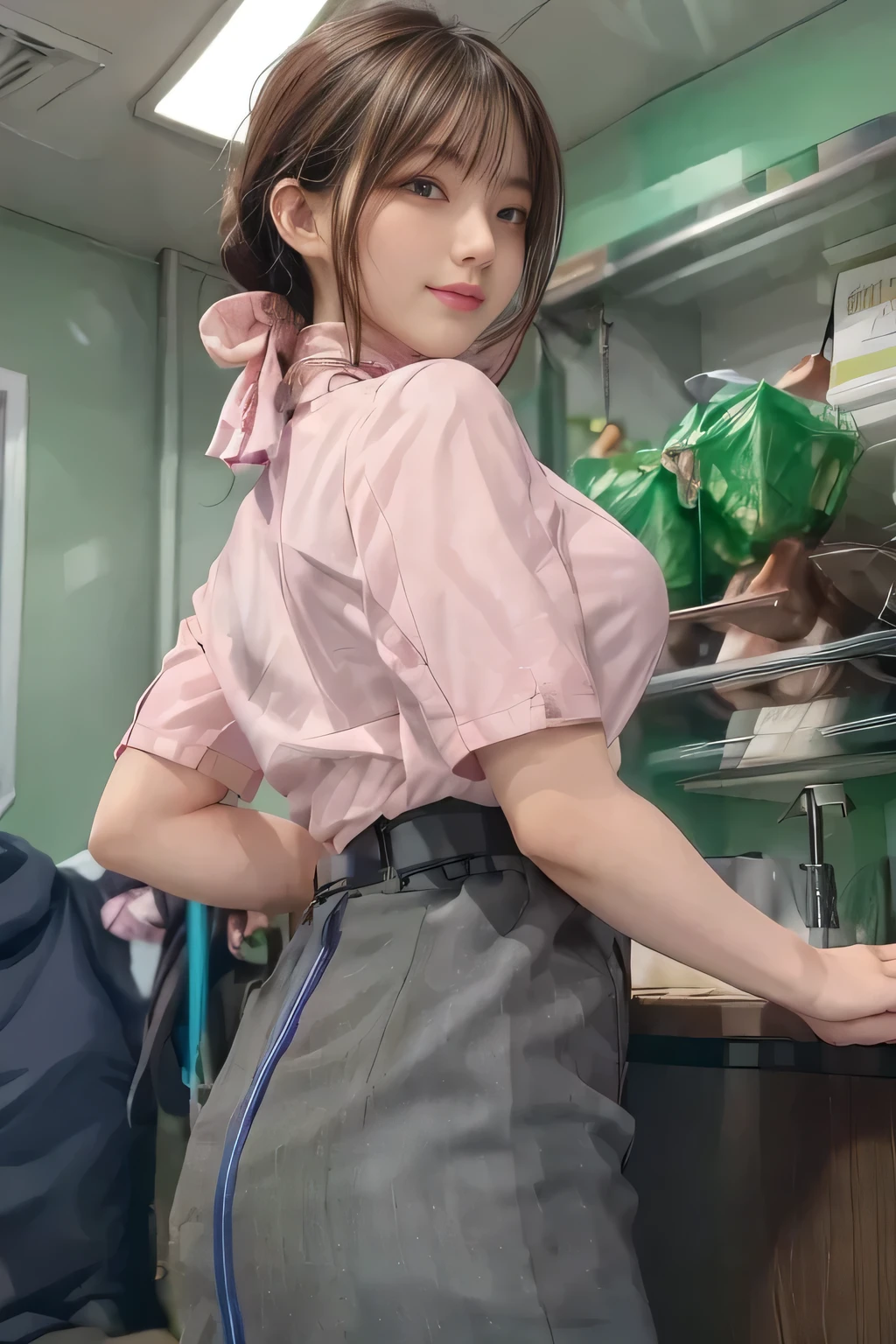 (masterpiece:1.2, Best Quality:1.2), 32K HDR,  Kampala, (Alone、 1 girl)、（on board、 Professional Lighting）、In-flight background、（ANA cabincrew uniform pinkを着たリアルスタイル）、（（ANA cabincrew uniform pink short sleeve blouse 、 ANA cabincrew uniform pink skirt with blue line on the back、Scarf around the neck））、Dark brown hair、（ long hair、Hair tied up、 summary hair ）、Dark brown hair、 LONG SHOT 、Big Breasts、Thin legs、（（Great hands：2.0）），（（ Harmonious Body Proportions：1.5）），（（Normal limbs：2.0）），（（Normal finger：2.0）），（（Delicate eyes：2.0）），（（Normal eyes：2.0））)、smile、（ANA cabincrew uniform pinkを見せた美しい後ろ姿）、Hands clasped underneath