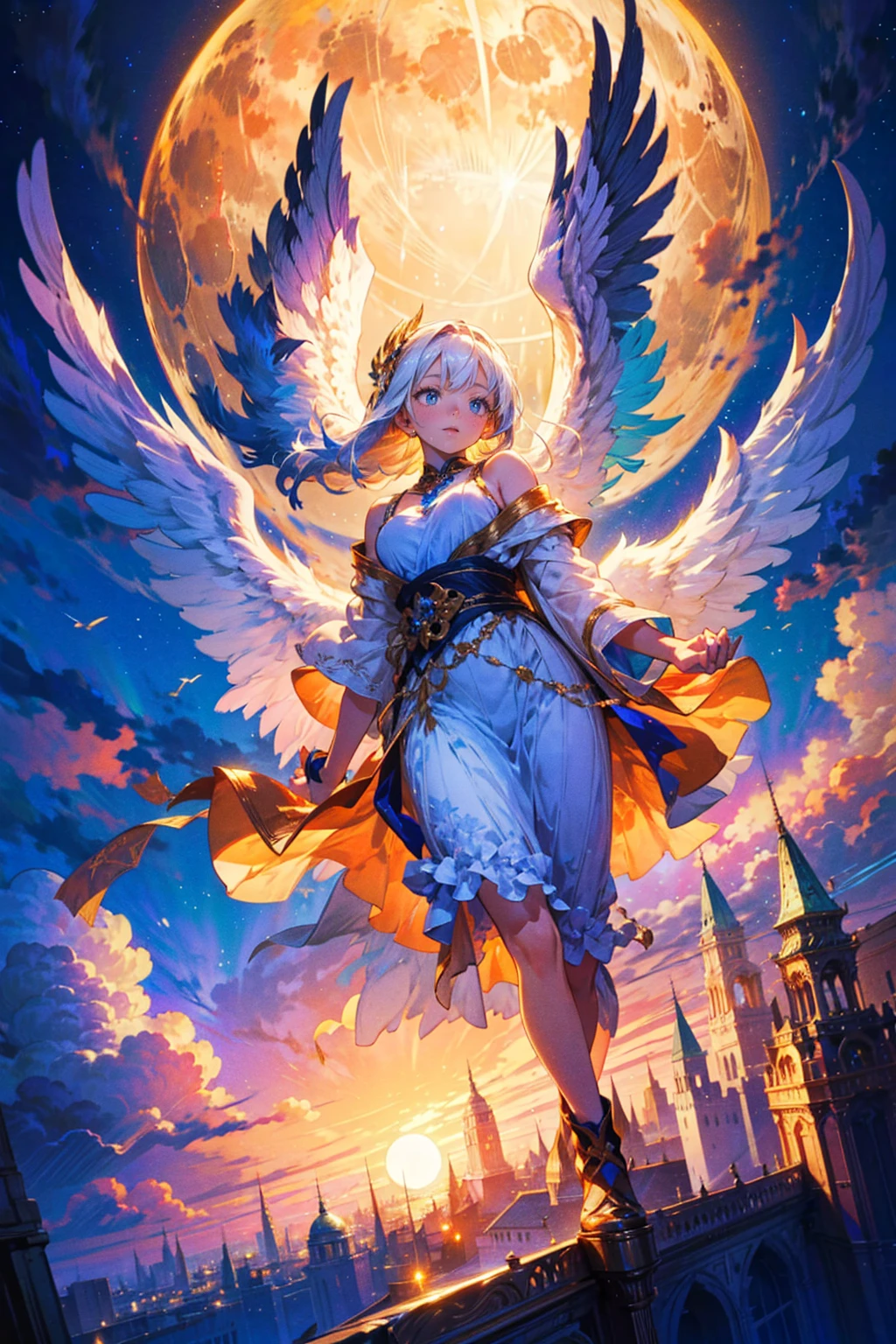 A beautiful angel flying in a fantastic night sky with rainbow-colored clouds illuminated by the moon. Wings flapping. A beautiful face and shining eyes of vivid colors. She wears elaborate and delicate ornaments. Her large, pure white wings glisten faintly in the moonlight. A palace in the sky peeking through the clouds. The detailed drawing. Vivid colors. High image quality. --s 1000 --ar 3:4 --niji 5