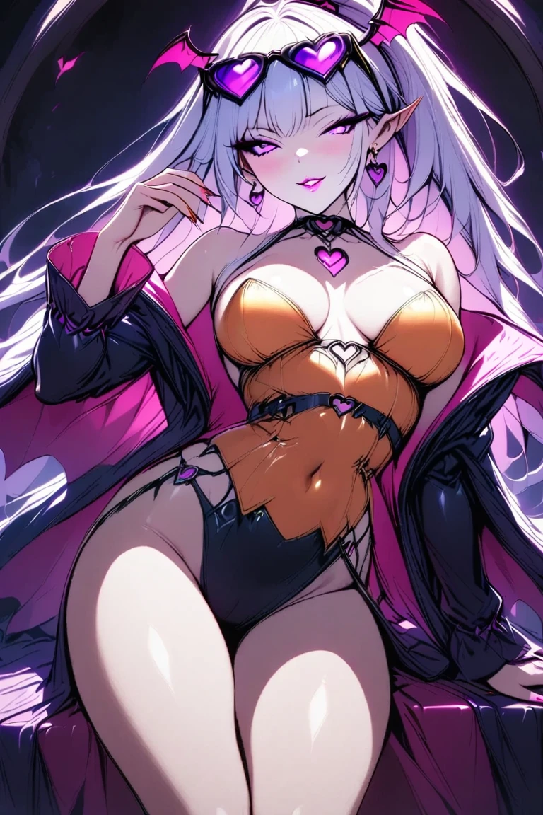  young beautiful woman,(Best Quality,Very detailed depiction, incredible high resolution , Sharp Teeth Like a Beast ,High quality anime drawings),(Halloween little devil),(Succubus Costume, orange costume showing chest, has sunglasses on her head, earrings, choker,Black tights,),(Silver Hair, ponytail,Glowing purple eyes,Eyes of Madness,Glossy lips,A seductive smile:1.2, beautiful skin in NFSW,Beautiful legs,Seductive gestures,Standing posture:1.3),(Full body image:1.3), Jack O Lantern