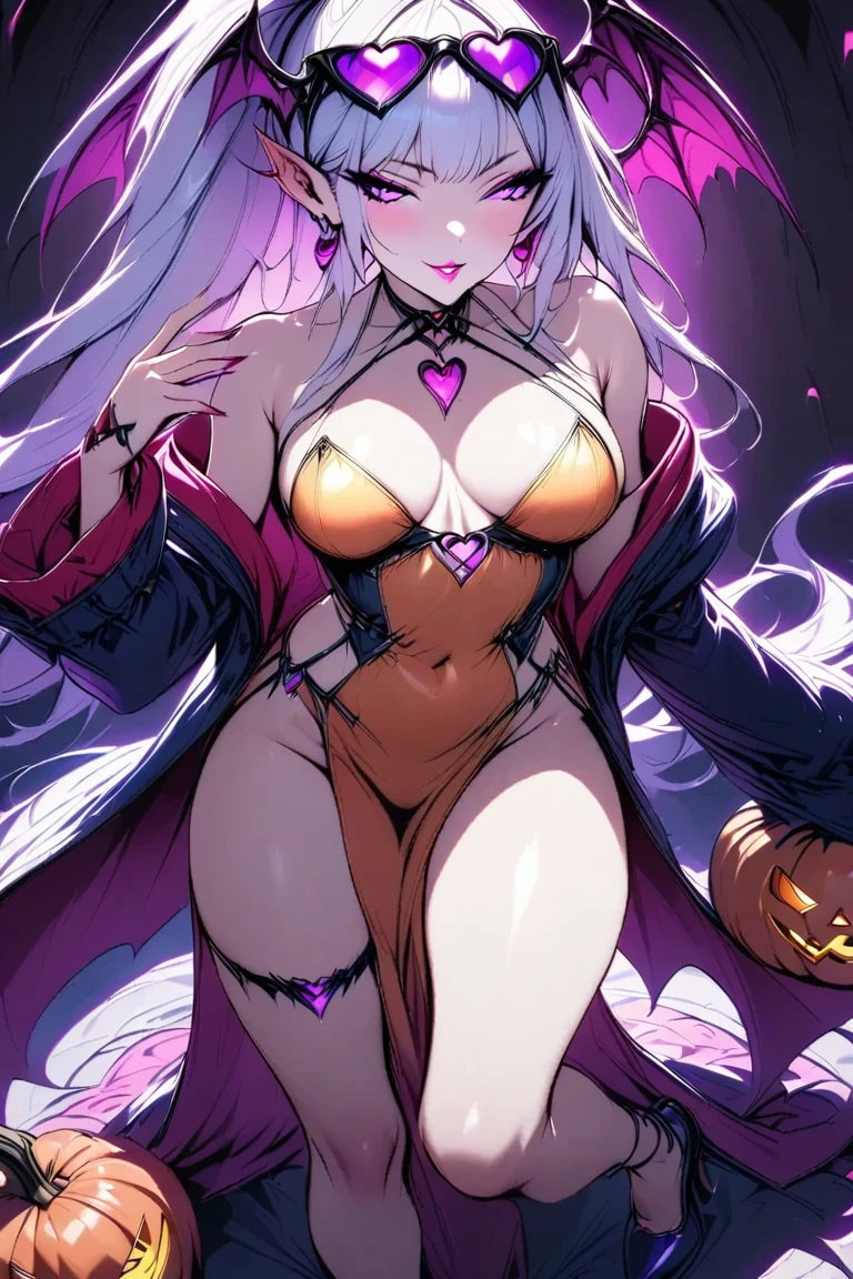  young beautiful woman,(Best Quality,Very detailed depiction, incredible high resolution , Sharp Teeth Like a Beast ,High quality anime drawings),(Halloween little devil),(Succubus Costume, orange costume showing chest, has sunglasses on her head, earrings, choker,Black tights,),(Silver Hair, ponytail,Glowing purple eyes,Eyes of Madness,Glossy lips,A seductive smile:1.2, beautiful skin in NFSW,Beautiful legs,Seductive gestures,Standing posture:1.3),(Full body image:1.3), Jack O Lantern