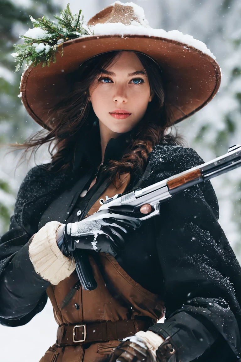 score_9, score_8_up, score_7_up, score_6_up, source cartoon, a woman wearing a big hat and holding a gun in the snow, 1girl, hat, gun, solo, weapon, holding gun, holding weapon, blue eyes, nature, white gloves, forest, handgun, holding, gloves, black hair, blurry background, snow, parted lips, detailed face