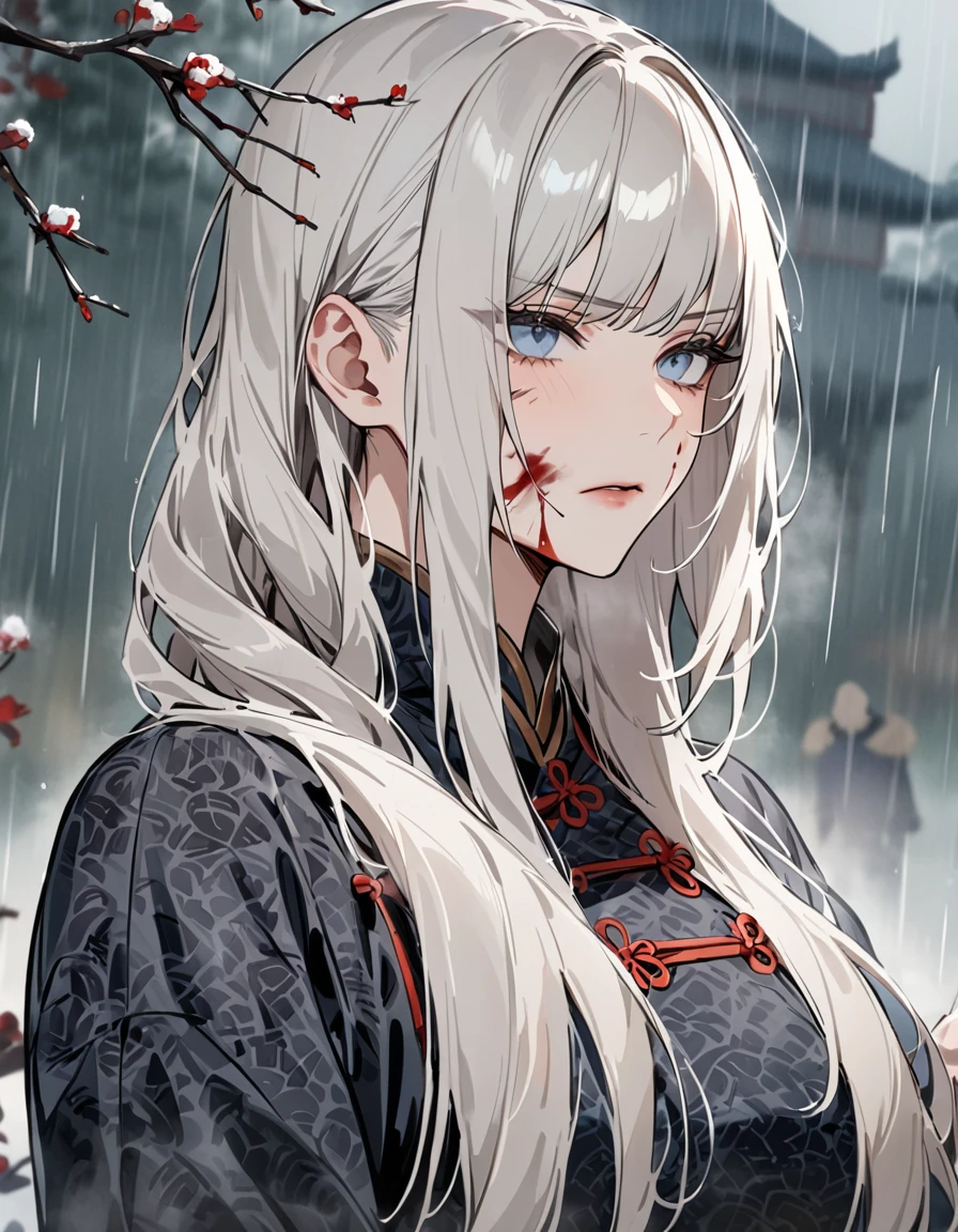 masutepiece, Best Quality, Night, Outdoors, rainy day, Branches, Chinese style, Ancient China, 1 woman,  Woman, Woman with long silvery-white hair, gray blue eyes, Light pink lips, Cold, Serious, weak, Bangs, assass, Short Knife, White clothes, Black clothing pattern, blood stain, Blood, harm, Blood on the face, Blood on clothes, Rain, Fine face, Fine face,