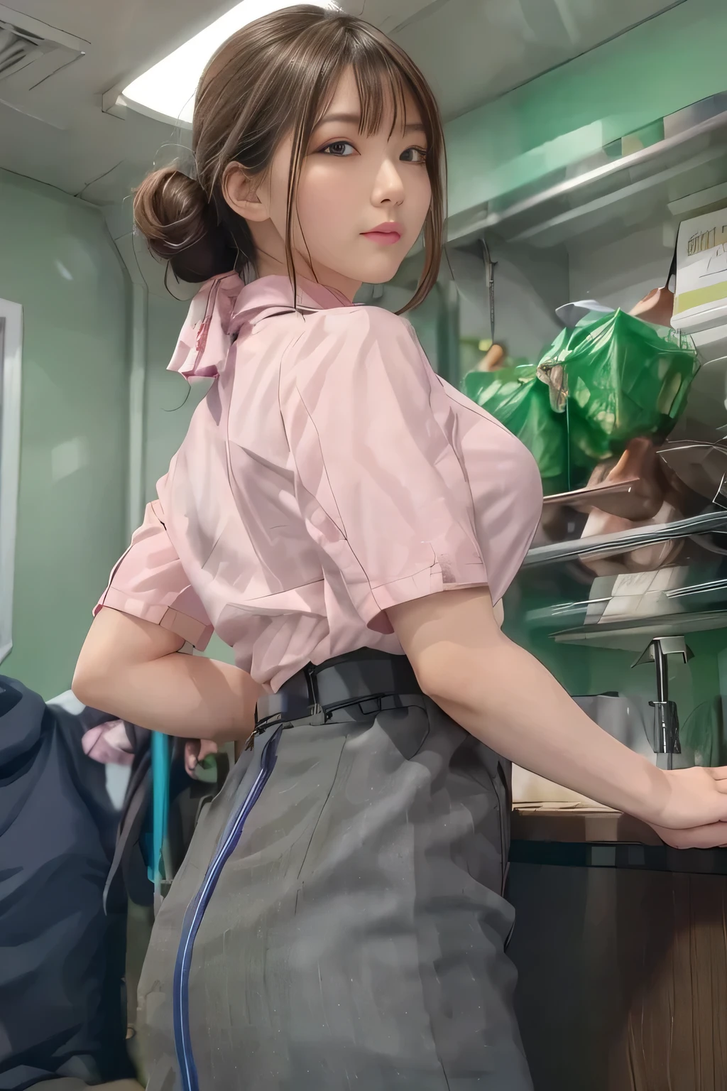 (masterpiece:1.2, Best Quality:1.2), 32K HDR,  Kampala, (Alone、 1 girl)、（on board、 Professional Lighting）、In-flight background、（ANA cabincrew uniform pinkを着たリアルスタイル）、（（ANA cabincrew uniform pink short sleeve blouse 、 ANA cabincrew uniform pink skirt with blue line on the back、Scarf around the neck））、Dark brown hair、（ long hair、Hair tied up、 summary hair ）、Dark brown hair、 LONG SHOT 、Big Breasts、Thin legs、（（Great hands：2.0）），（（ Harmonious Body Proportions：1.5）），（（Normal limbs：2.0）），（（Normal finger：2.0）），（（Delicate eyes：2.0）），（（Normal eyes：2.0））)、smile、（ANA cabincrew uniform pinkを見せた美しい後ろ姿）、Hands clasped underneath