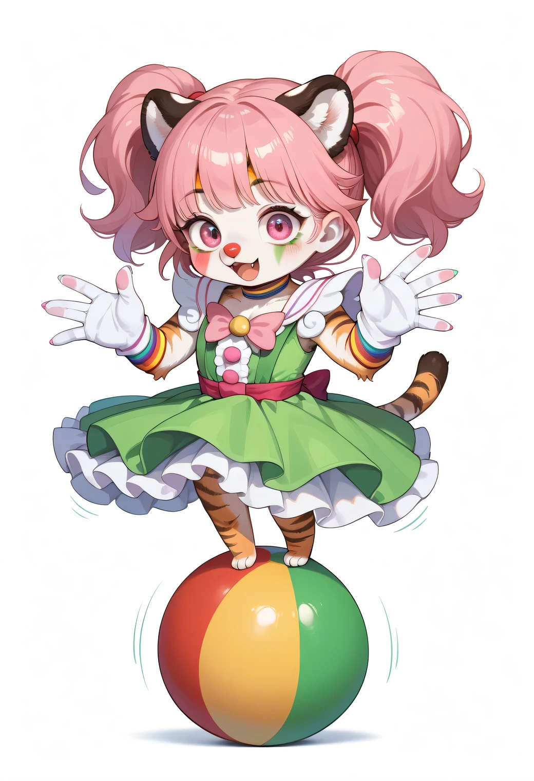 score_9, score_8_up, score_7_up, score_6_up, score_5_up, score_4_up, source_cartoon, best quality, amazing quality, very aesthetic, absurdres, 1girl, (furry, kemono:1.1), tiger, tiger girl, circus, clown, white background, simple background, ball, alone, pink eyes, full body, motion lines, open mouth, surprised, big eyes, wearing red, yellow, green clown costume. Clown makeup with arms extended forward, balancing, swaying, on colorful ball,