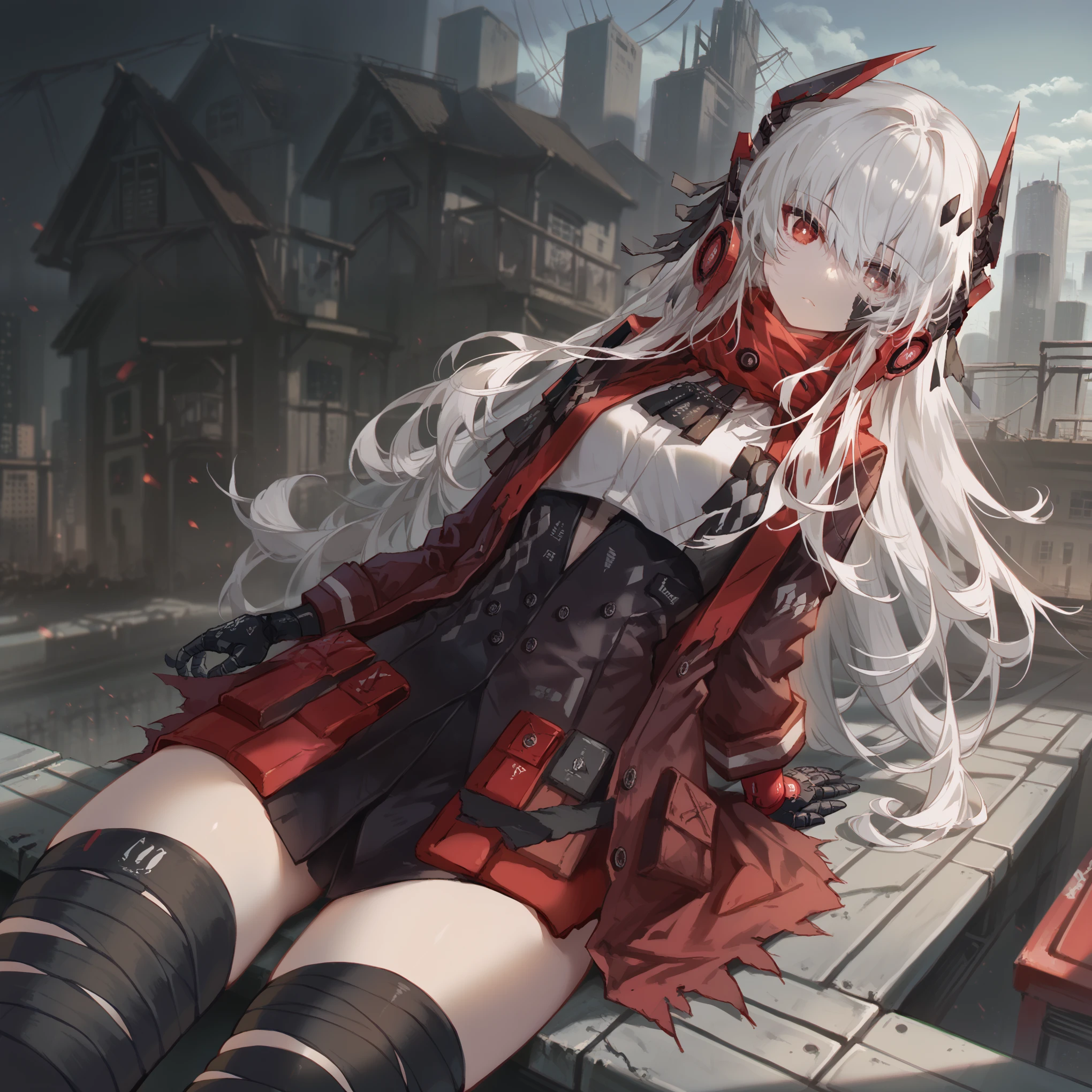 zPDXL2, score_9_up, score_8_up, score_7_up, (Anime_source), 1girl, CrimsonAbyss, Heterochromia, red eye, grey eye, white hair, Crimson clothes, headgear, (bandaged leg), cowboy shot, looking at viewer, sitting on roof, dutch angle floating hair, cyber city
