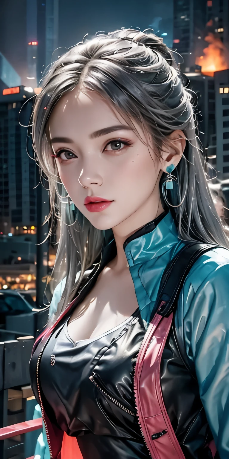 (masutepiece, Best Quality, Night:1.4), (Cowboy Shot, Silver hair:1.9), 8K, absurderes, Beautiful Girl, (wearable computer:1.4), Cyberpunk, Cybergoth, (cyberpunkoutfit, fluorescence pink accent, glowing pink lines on short jacket:1.5), neons, bracelets and choker, (blazing, Glow, Film grain, chromatic abberation:2), (asian shopping district, Street, Buildings, Skyscraper:1.2), makeup, (cyan earrings:1.3), Sharp Focus, Dark background, Perspective, depth of fields, (very small mechanical device, Rain, nffsw, face lights, Sharp Focus, Dynamic lighting, Cinematic lighting, Professional Shadow, ighly detailed, finely detail, Real Skin:0.8), (Detailed eyes, Sharp pupils, Realistic pupils, dark backgrounds:0.6), (glitch effect:0.8)、a miniskirt、huge tit