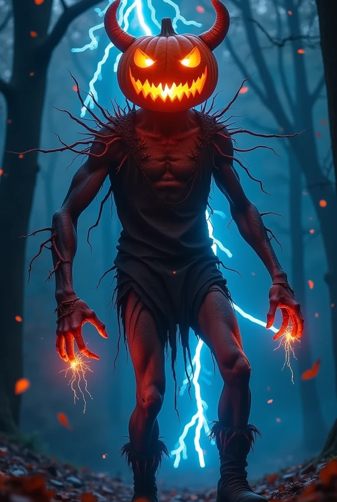 Halloween， A fearsome pumpkin lantern monster  , Devil&#39;s Horns,  Legs pierced by countless lightning ,  Ragged clothes，Leather Boots， Exposed twisted trees , Colourful colored paper , Lingering,   woven intricate patterns with colored nebulae， dark , Moody, fear, dark  fantasy,  dramatic lighting , Vivid Colors ,Movie