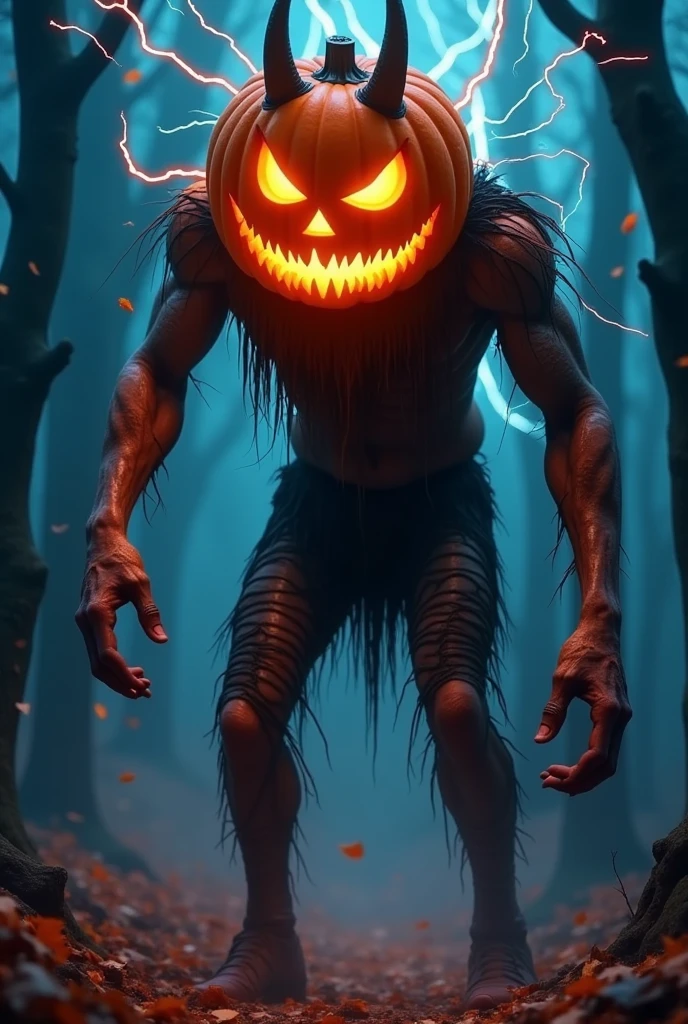 Halloween， A fearsome pumpkin lantern monster  , Devil&#39;s Horns,  Legs pierced by countless lightning ,  Ragged clothes，Leather Boots， Exposed twisted trees , Colourful colored paper , Lingering,   woven intricate patterns with colored nebulae， dark , Moody, fear, dark  fantasy,  dramatic lighting , Vivid Colors ,Movie