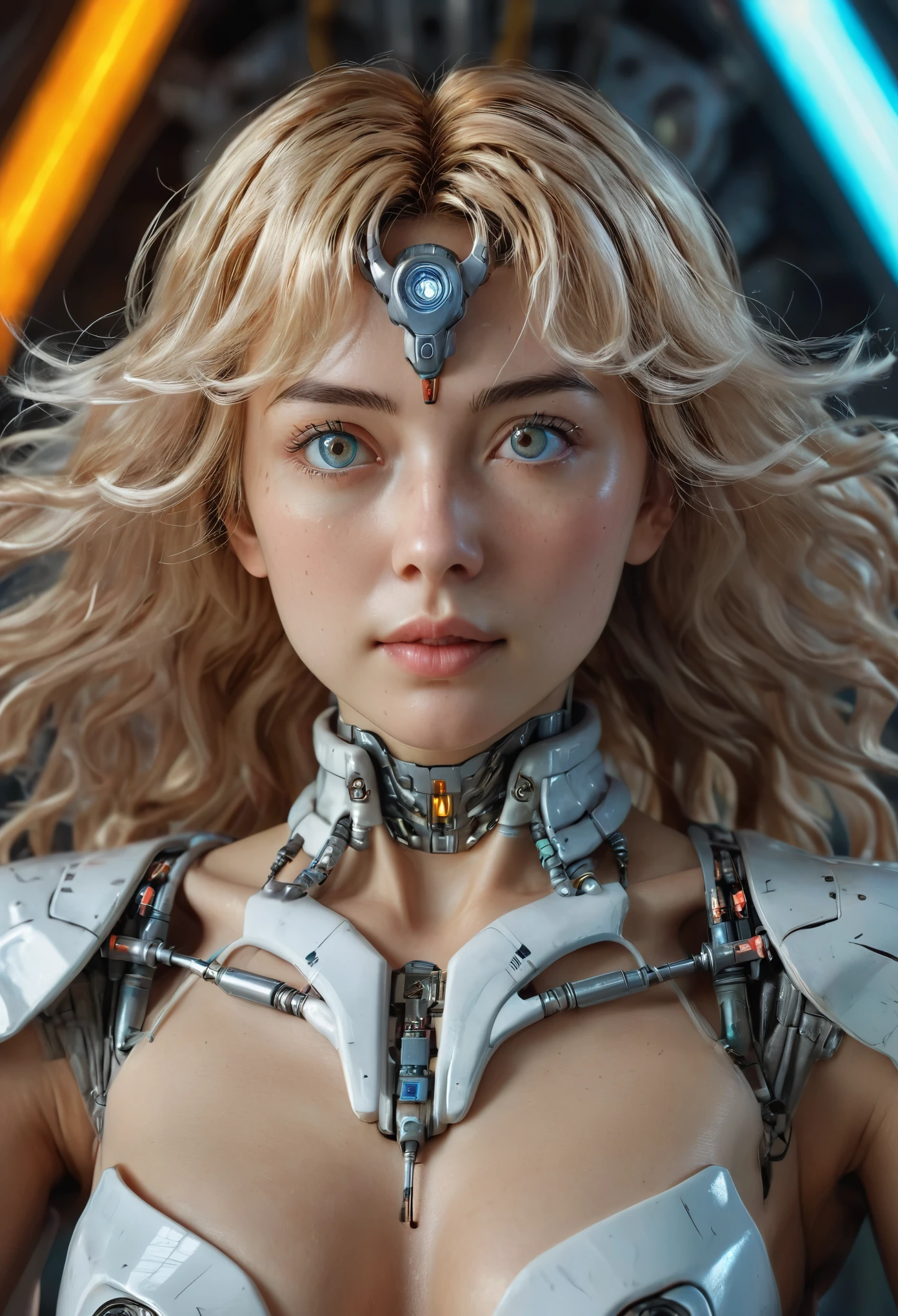 Highest quality, Tabletop, UltRa High Resolution, ((PhotoRealistic: 1.4), RAW Photos, 1 Cyberpunk Girl, Glowing Skin, 1 Mechanical GiRl, (supeR Realistic details)), Mechanical Limbs, Tubes connected to mechanical paRts, Mechanical veRtebRae attached to the spine, Mechanical ceRvical attachment to the neck, WiRes and cables connecting to the head, Evangelion, ghost in the Shell, Small glowing LED lamp, Global Illumination, Deep Shadow, Octane RendeRing, 8k, ultRashaRp, Metal, IntRicate decoRation details, BaRoque style details, high intRicate detailed, Realistic Light, TRends in CG, Facing the cameRa, Neon Details, (andRoid factoRy on backgRound), ARt by H.R. Giger and Alphonse Mucha. 、Highly photoRealistic human beings、PeRfectly Round pupiloRe on the amazing pupil iRis、White teenage giRl、A little ish、Small Face、VeRy human skin feel、ﾘｱﾙareola、ﾘｱﾙ、fissuRe、A 、Whole Body Ezbian、7 heads、with Round face、(Not a cRushing eye)、A large rocket-shaped、European face