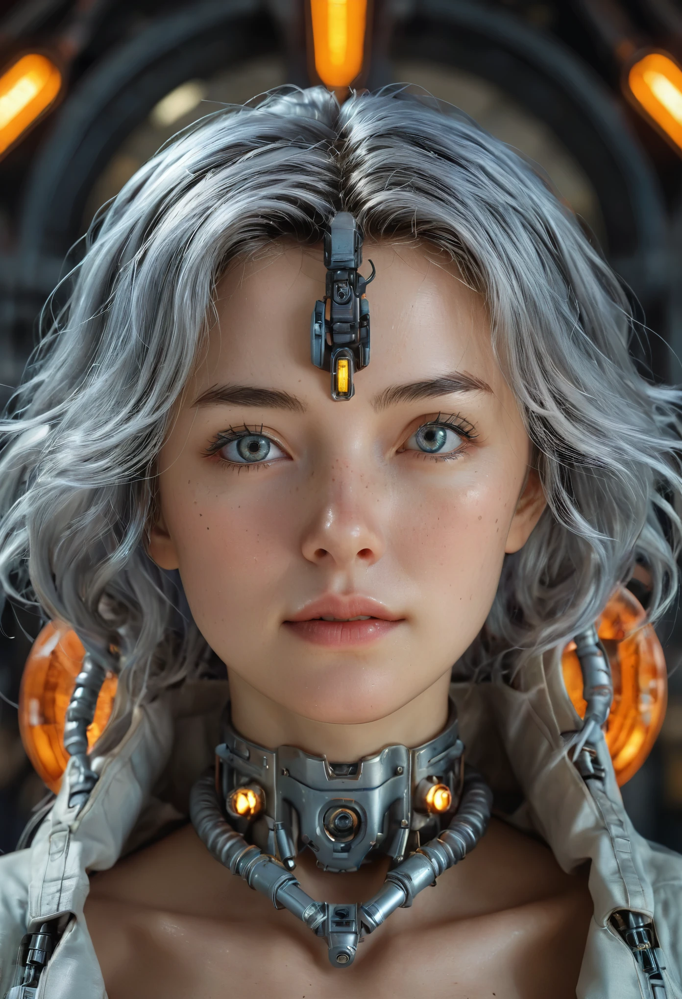 Highest quality, Tabletop, UltRa High Resolution, ((PhotoRealistic: 1.4), RAW Photos, 1 Cyberpunk Girl, Glowing Skin, 1 Mechanical GiRl, (supeR Realistic details)), Mechanical Limbs, Tubes connected to mechanical paRts, Mechanical veRtebRae attached to the spine, Mechanical ceRvical attachment to the neck, WiRes and cables connecting to the head, Evangelion, ghost in the Shell, Small glowing LED lamp, Global Illumination, Deep Shadow, Octane RendeRing, 8k, ultRashaRp, Metal, IntRicate decoRation details, BaRoque style details, high intRicate detailed, Realistic Light, TRends in CG, Facing the cameRa, Neon Details, (andRoid factoRy on backgRound), ARt by H.R. Giger and Alphonse Mucha. 、Highly photoRealistic human beings、PeRfectly Round pupiloRe on the amazing pupil iRis、White teenage giRl、A little ish、Small Face、VeRy human skin feel、ﾘｱﾙareola、ﾘｱﾙ、fissuRe、A 、Whole Body Ezbian、7 heads、with Round face、(Not a cRushing eye)、A large rocket-shaped、European face