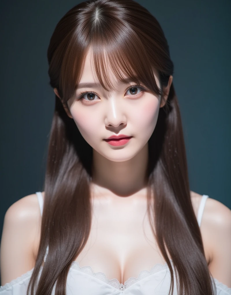 1girl, 25years old woman, (perfectly detailed face), Small breasts, medium breasts, large breasts, cute face, beautiful face, ((looking at viewer)), ((Simple Background)), (((dark background))), ((dark wallpaper)), White skin, (bright lighting:1.2), perfect lighting, bangs, photorealistic, (bokeh), UHD, anatomically correct, highres