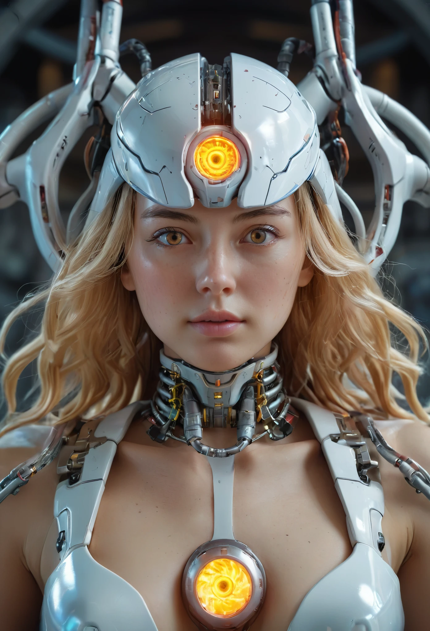 Highest quality, Tabletop, UltRa High Resolution, ((PhotoRealistic: 1.4), RAW Photos, 1 Cyberpunk Girl, Glowing Skin, 1 Mechanical GiRl, (supeR Realistic details)), Mechanical Limbs, Tubes connected to mechanical paRts, Mechanical veRtebRae attached to the spine, Mechanical ceRvical attachment to the neck, WiRes and cables connecting to the head, Evangelion, ghost in the Shell, Small glowing LED lamp, Global Illumination, Deep Shadow, Octane RendeRing, 8k, ultRashaRp, Metal, IntRicate decoRation details, BaRoque style details, high intRicate detailed, Realistic Light, TRends in CG, Facing the cameRa, Neon Details, (andRoid factoRy on backgRound), ARt by H.R. Giger and Alphonse Mucha. 、Highly photoRealistic human beings、PeRfectly Round pupiloRe on the amazing pupil iRis、White teenage giRl、A little ish、Small Face、VeRy human skin feel、ﾘｱﾙareola、ﾘｱﾙ、fissuRe、A 、Whole Body Ezbian、7 heads、with Round face、(Not a cRushing eye)、A large rocket-shaped、European face