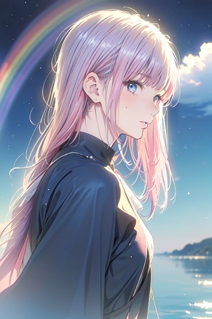 (masterpiece, top quality, best quality,watercolor (medium),official art, beautiful and aesthetic:1.2),(1girl:1.3), (fractal art:1.3),upper body, from side, looking at viewer,patterns,(rainbow color Hair,colorful hair,half blue and half pink hair:1.2),water,liquid, cloud,colorful, starry,stars,