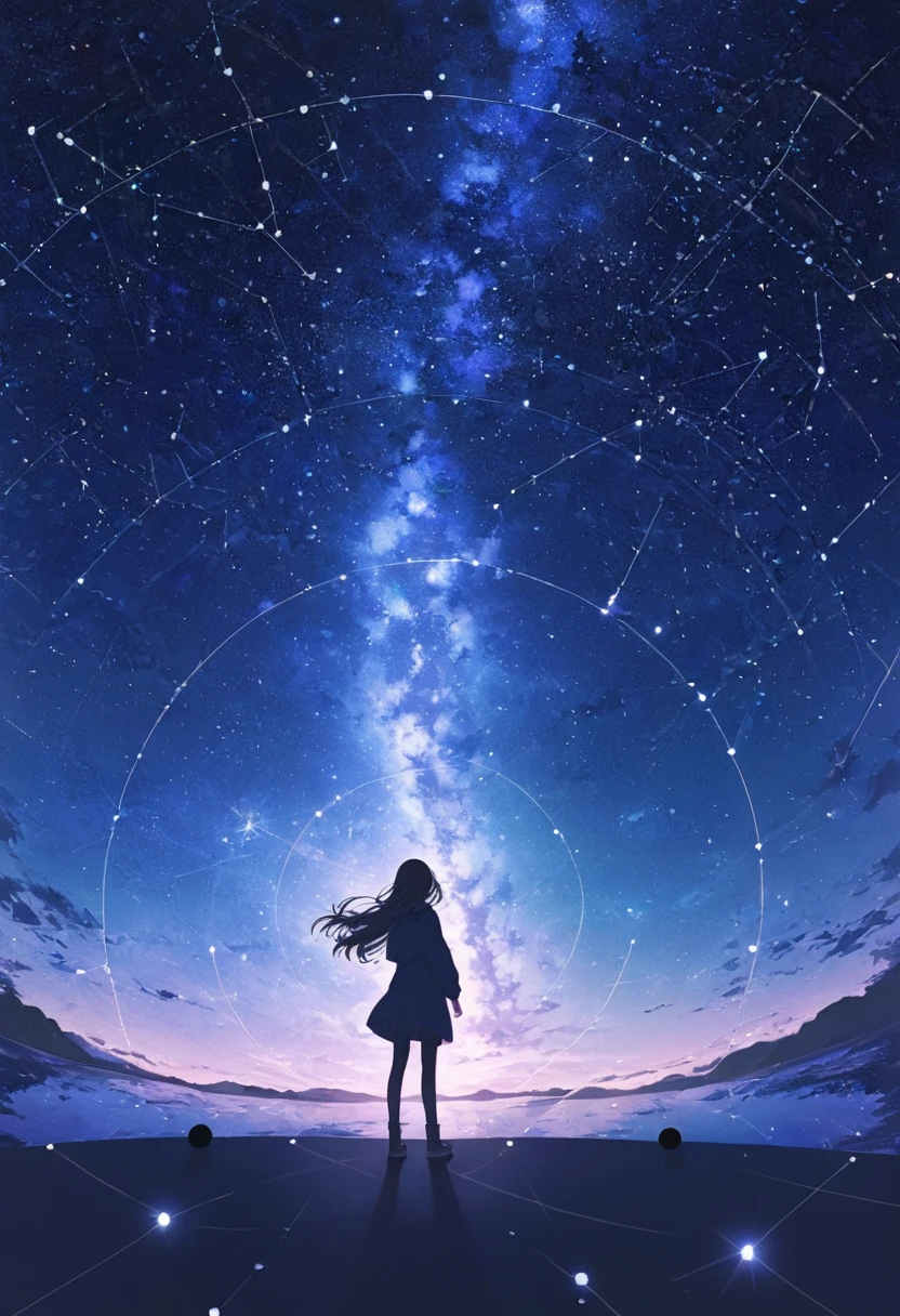 ((pastel))、One woman,Under the night sky,Like a planetarium,constellation, planetarium,Connect , seen from afar, moving scene 