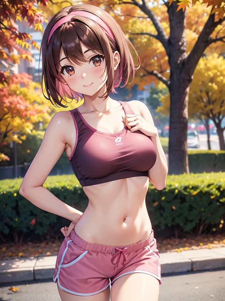  Kampala,cute, Brown Eyes ,Brown Hair,20-year-old woman,solo, pink sports bra , pink shorts, pink hair band ,smile,B Cup, short hair,Looking at the camera,Blurred Background,Autumn park,