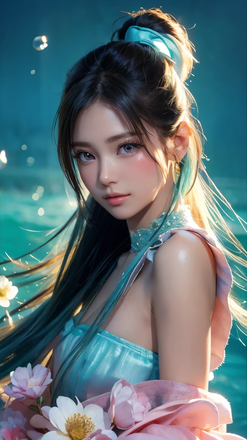A fair-skinned classical Chinese woman bathes in a waterhole,Pool water and waist, And is preparing to untie the jade hairpin tied by his hair,She has wide eyes and red lips,Manners are genteel,Look at this side shyly and affectionately,We can only see parts of her body above the surface of the water