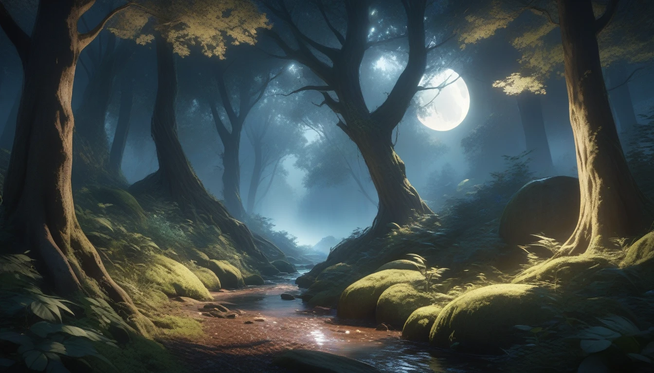 a mysterious dark forest with a giant full moon, detailed moonlit landscape, dramatic lighting, cinematic composition, moody atmosphere, highly detailed, photorealistic, 8k, (best quality,4k,8k,highres,masterpiece:1.2),ultra-detailed,(realistic,photorealistic,photo-realistic:1.37),dramatic moonlight,dense foliage,ancient trees,dramatic shadows,mystical woodland,spooky forest,beautiful night sky,glowing moon,intricate details,vibrant colors,magical realism