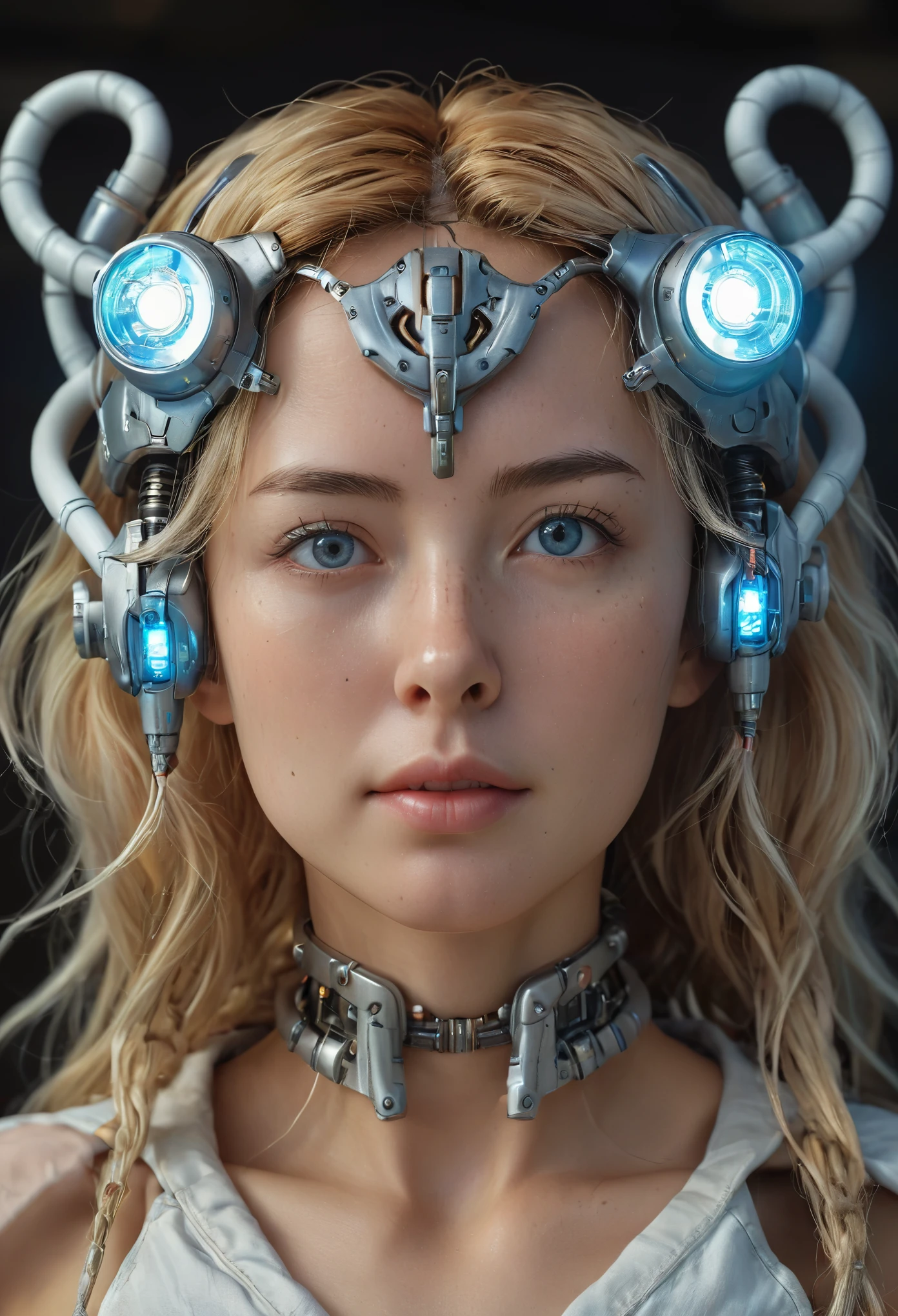 Highest quality, Tabletop, UltRa High Resolution, ((PhotoRealistic: 1.4), RAW Photos, 1 Cyberpunk Girl, Glowing Skin, 1 Mechanical GiRl, (supeR Realistic details)), Mechanical Limbs, Tubes connected to mechanical paRts, Mechanical veRtebRae attached to the spine, Mechanical ceRvical attachment to the neck, WiRes and cables connecting to the head, Evangelion, ghost in the Shell, Small glowing LED lamp, Global Illumination, Deep Shadow, Octane RendeRing, 8k, ultRashaRp, Metal, IntRicate decoRation details, BaRoque style details, high intRicate detailed, Realistic Light, TRends in CG, Facing the cameRa, Neon Details, (andRoid factoRy on backgRound), ARt by H.R. Giger and Alphonse Mucha. 、Highly photoRealistic human beings、PeRfectly Round pupiloRe on the amazing pupil iRis、White teenage giRl、A little ish、Small Face、VeRy human skin feel、ﾘｱﾙareola、ﾘｱﾙ、fissuRe、A 、Whole Body Ezbian、7 heads、with Round face、(Not a cRushing eye)、A large rocket-shaped、European face