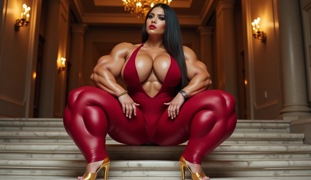 muscular woman, with colossal arms and legs packed with massive, bulging muscles, her biceps and thighs far exceeding those of even male bodybuilders. Her entire physique is incredibly defined, every muscle group sharply visible and straining against her skin, veins running down her muscular legs and sculpted shoulders, her large breasts complementing her dominant frame. María González, 44 years old, Argentina, smooth tan skin, dark brown bright eyes, thick pink lips, small upturned nose, high cheekbones, and straight dark brown hair falling to her shoulders. She wears a (deep red skintight bodysuit), fully covering her body with a silky texture, featuring a plunging neckline that highlights her chest and defined abs. The fabric emphasizes her oiled muscles as she poses sitting on marble stairs in a luxurious event hall in Buenos Aires, one leg extended and the other bent, wearing high golden heels that sparkle under the chandelier lights.










