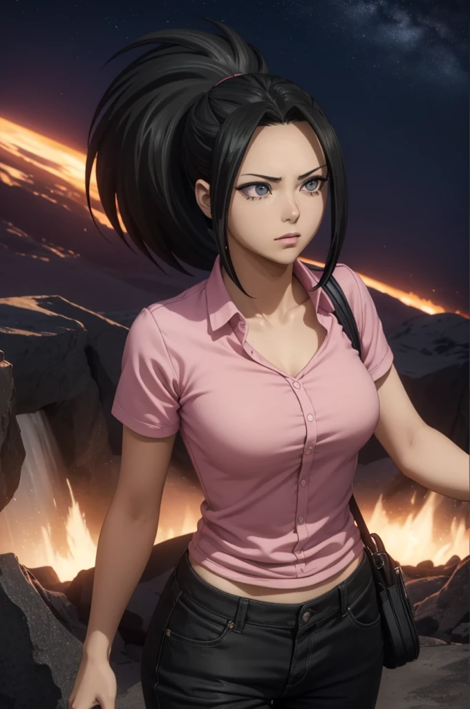 realistic 1.2, yaoyorozumomo,  yaoyorozu momo , (Momo Yaoyorozu:1.2), long hair, fringe, black hair,  ponytail , (black eyes:1.5),  ponytail  alto,  ponytail  largo, 
BREAK clavicle , short sleeves, pants, (pink shirt:1.2), pants azuis, coat, pants de moletom,
BREAK outdoor , night sky, night, star, looking at the viewer, ( masterpiece:1.2),  better quality,  High resolution , papel de parede unity 8k, (Illustration:0.8), ( beautiful and detailed eyes :1.6),  extremely detailed face,  perfect lighting ,  extremely detailed CG, ( perfect hands, perfect anatomy), vfx (Visual Effect)  highlights complex anatomical features in a perfect shape. sfx, complements visual art, immersing the viewer. The level of detail is inspiring,  with intricate elements meticulously crafted ,  Volumetric effects add depth and dimension , and the photorealism is unmatched.  The image is rendered in 8K resolution ,  ensuring super-detailed visuals .  Volumetric lighting adds a touch of magic ,  highlighting your beauty and aura in a supernatural way .  High Dynamic Range technology  (HDR) makes the cores stand out, adding richness to the overall composition. Finally, this art presents an unreal portrait.