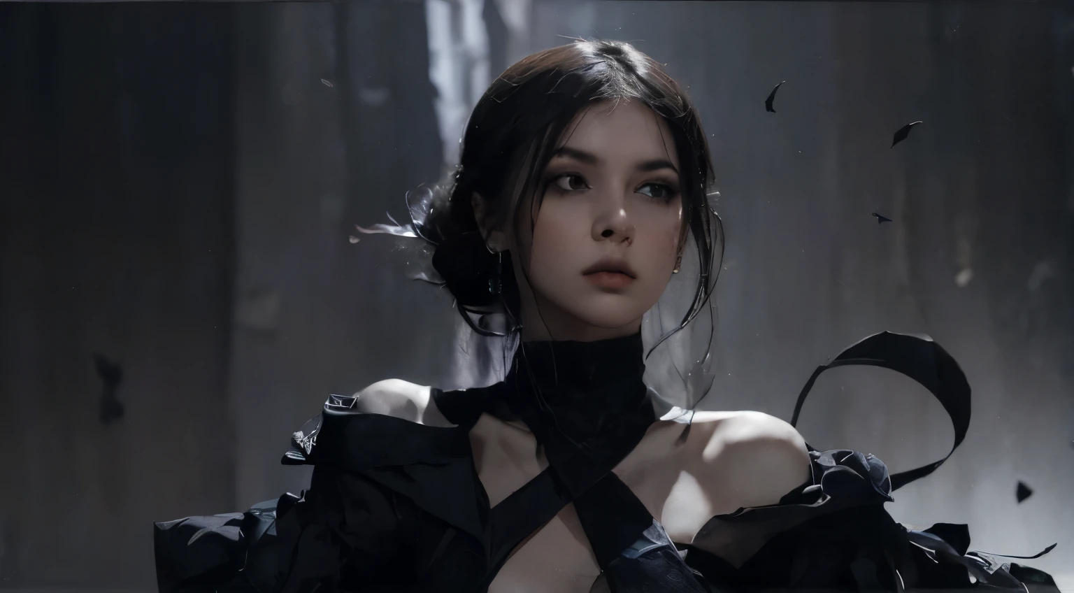 (best quality, highres),black dress,black hair,black petals,black theme,no lights,black ninja,dark shadows,dramatic atmosphere,exquisite details,perfect composition,subtle textures,contrasting colors,sleek design,graceful movement,sharp edges,emotive expression,extraordinary pose,mysterious aura,striking contrast,modern art style,intense emotions,masterful brushstrokes,vibrant black tones,sophisticated elegance,fierce and powerful,mesmerizing intensity,artistic vision,black abyss,illusion of depth,enigmatic beauty,ethereal presence,impressive artwork,hauntingly beautiful, dark theme, black background, black rose, dark ninja, intense gaze, flowing dress, detailed facial features, long eyelashes, contrast, fine details, dramatic atmosphere, gothic style, intense emotions, monochrome color palette, captivating setting, haunting beauty, artistic photography, everything is black