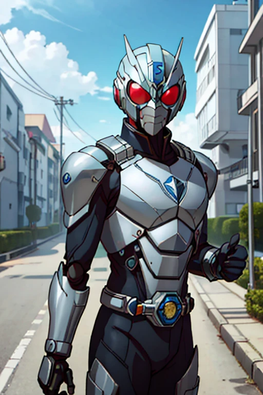 
(  very detailed CG), (  best quality ), (  very detailed CG), (  best quality ), Blue Kamen Rider, silver armor, Grey and black clothes, Blue Tech Suit, spy,  robots