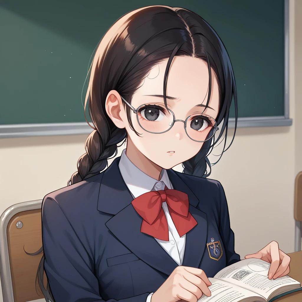 score_9, score_8_up, score_7_up, score_6_up, score_5_up, score_4_up, 1girl,  black eyes, black hair, Split bangs、twin braids, braids behind shoulder, Forehead、glasses, long hair, red bowtie, school uniform,  blazer、Literary Girl、 BREAK masterpiece, best quality, 8k, hyperrealistic, extremely detailed, anatomically accurate, highly detailed skin