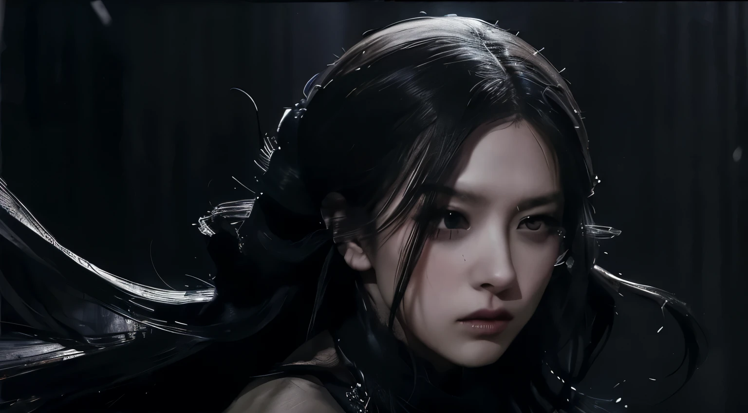 (best quality, highres:1.2), realistic, black dress, black hair, dark theme, black background, dark ninja, intense gaze, elegant posture, flowing dress, detailed facial features, long eyelashes, contrast, fine details, dramatic atmosphere, gothic style, intense emotions, monochrome color palette, captivating setting, haunting beauty, artistic photography, everything is black