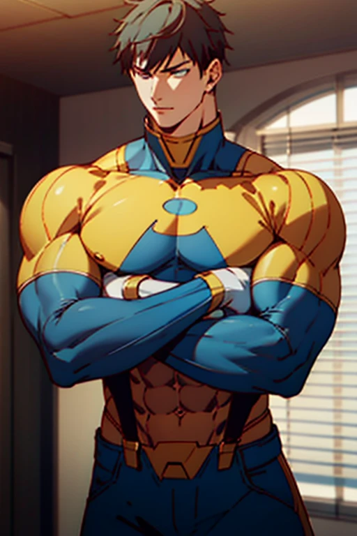 (  very detailed CG), (  best quality ), (  very detailed CG), (  best quality ), ( superhero), (Overall view), Beautiful and attractive young man,  toned muscles, Large breasts, 