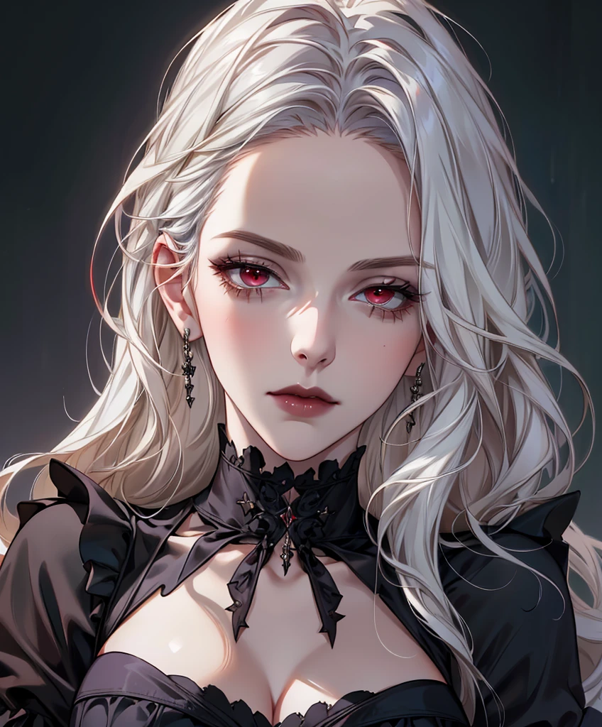 Realistic Portrait, Elegant mature woman (1 female), with red eyes, white hair, long hair, focus on face, close up shot, cleavage, gothic black dress, only upper body, up to waist, soft light, high detail, 4k resolution, high quality, beautiful CG