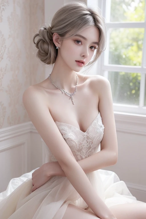 ((( naked )))(((Very elegant and beautiful.,  perfect detail ,  High Detail))), Whole body,  girls who pay attention to every detail ,  depth of written boundaries , 美しく詳細なWhole body, Slim legs, 1 girl, 18 years old, My hair is very short., Pointy hair, Gray and silver hair, Exquisite beautiful hair , Perfect face,  expressionless ,  deep eyes and beautiful details, Open your mouth slightly, Fragile arms and hands, Pale skin, earring,  beautiful and spectacular necklaces , Colorful background, HD background, Blurred scene, Very detailed and beautiful.,  Masterpieces, ((( Highest quality ,  very beautiful 8K CG wallpaper ))), (((Trendy Hairstyles))), (Inside the room,Stylish interior,window),