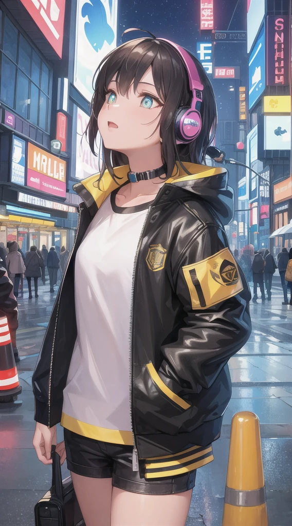 (masterpiece, top quality, best quality, extreme detailed, highest detailed, official art, cinematic composition, beautiful and aesthetic:1.2), colorful, (finely detailed eyes:1.1), beautiful face, perfect body, 1girl, solo, night city, urban city, laterns, street, black | yellow bomber jacket, (neon lights:1.1), small breasts, sfw, stars, (headphone:1.1), (cyberpunk:1.1), (science fiction:1.1), (look up:1.2), (public:1.2)