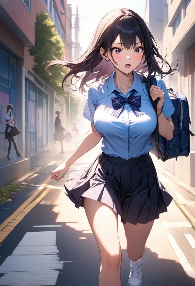 "A highly detailed, masterpiece-level anime-style illustration of a high school girl in top-quality detail, She has an impatient, panicked expression as she rushes down her school route, holding her school bag tightly. Her school uniform flutters as she runs, capturing the sense of urgency and energy in the scene. The background shows a typical school route, with familiar streets and a warm morning light, adding to the feeling of a frantic morning rush.One girl, masterpiece, top quality, super detail,big breast, holding school bag, high school girl's clothes, school route. --ar 3:4 --stylize 300 --v 6.1